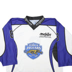 Mens White & Blue Graphic Hockey Jersey XL Long Sleeve V-Neck Sports Logo