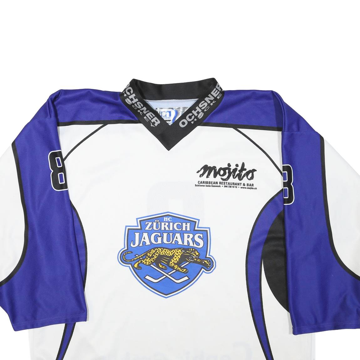 Mens White & Blue Graphic Hockey Jersey XL Long Sleeve V-Neck Sports Logo