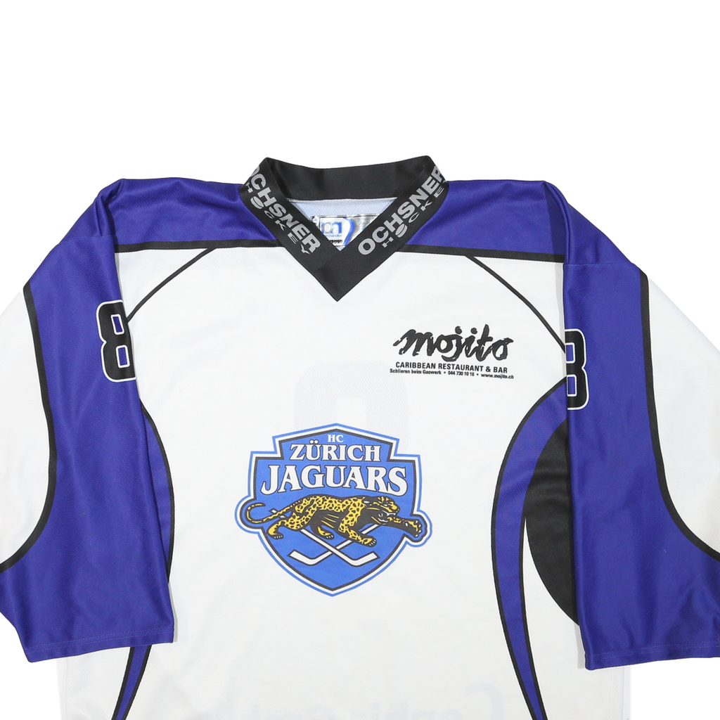 Mens White & Blue Graphic Hockey Jersey XL Long Sleeve V-Neck Sports Logo