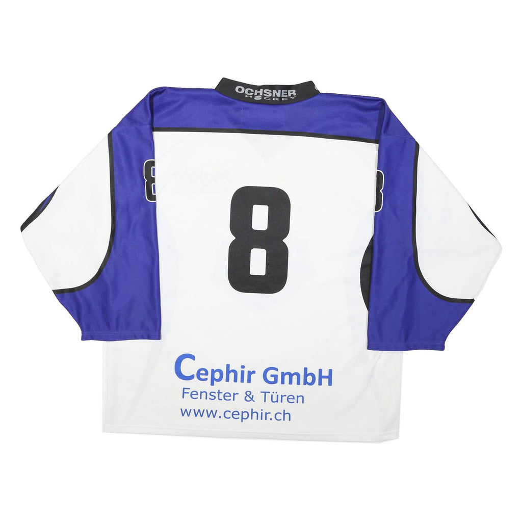 Mens White & Blue Graphic Hockey Jersey XL Long Sleeve V-Neck Sports Logo