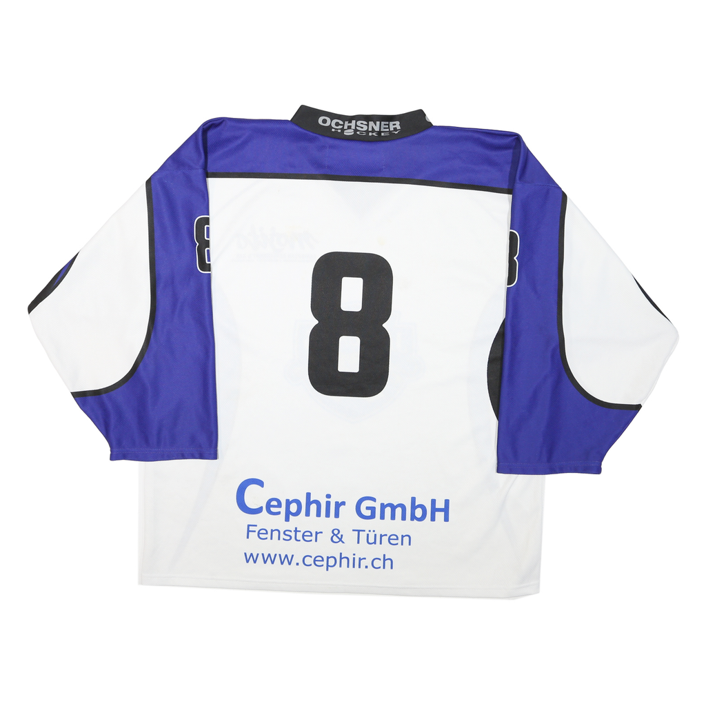 Mens White & Blue Graphic Hockey Jersey XL Long Sleeve V-Neck Sports Logo