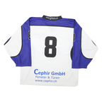 Mens White & Blue Graphic Hockey Jersey XL Long Sleeve V-Neck Sports Logo