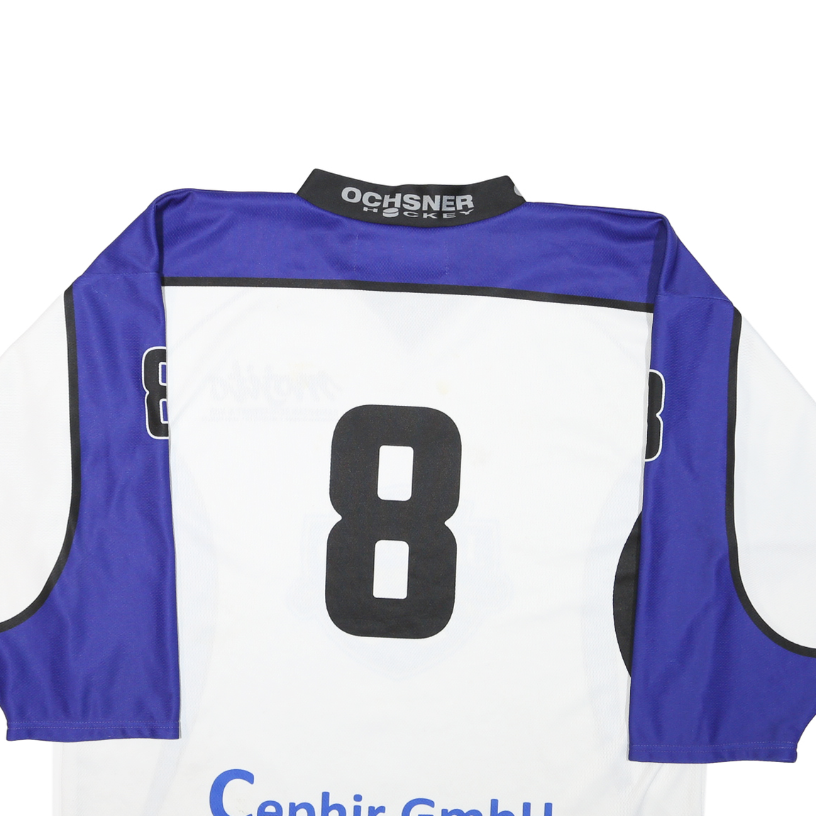 Mens White & Blue Graphic Hockey Jersey XL Long Sleeve V-Neck Sports Logo