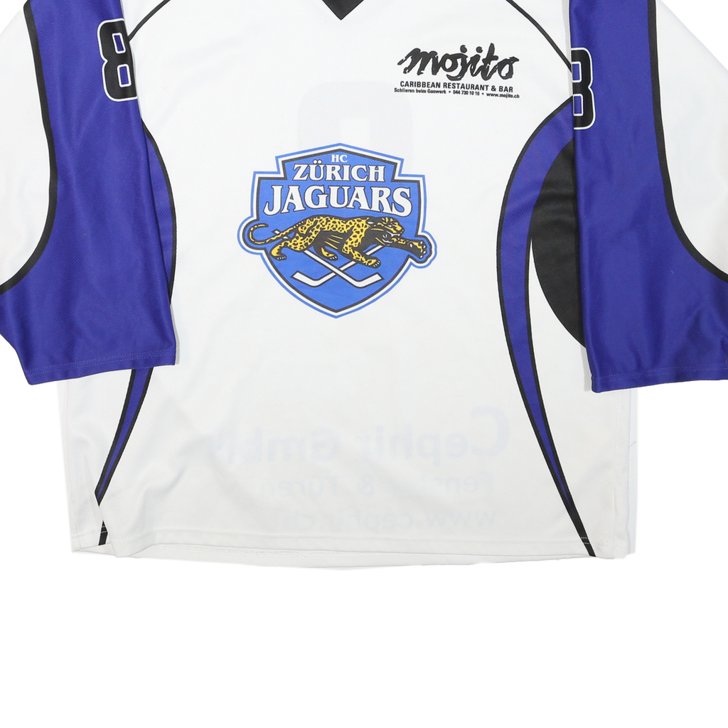 Mens White & Blue Graphic Hockey Jersey XL Long Sleeve V-Neck Sports Logo