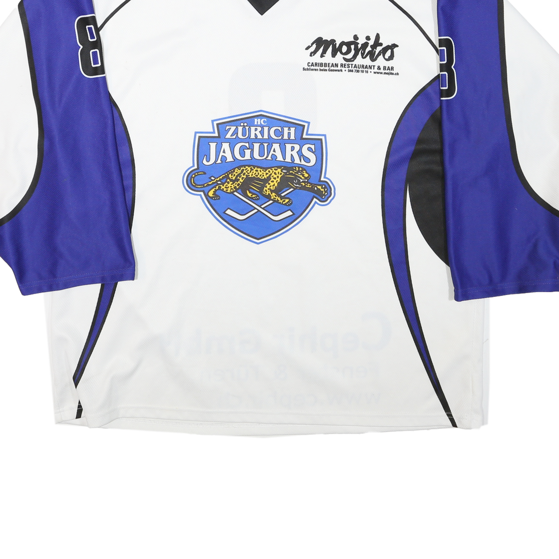 Mens White & Blue Graphic Hockey Jersey XL Long Sleeve V-Neck Sports Logo