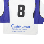 Mens White & Blue Graphic Hockey Jersey XL Long Sleeve V-Neck Sports Logo