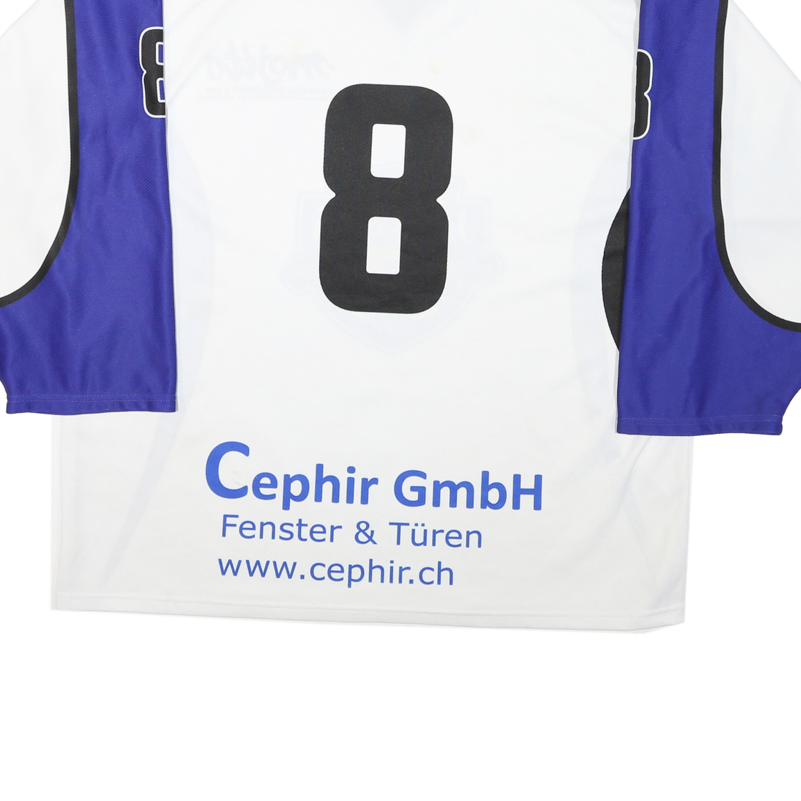 Mens White & Blue Graphic Hockey Jersey XL Long Sleeve V-Neck Sports Logo