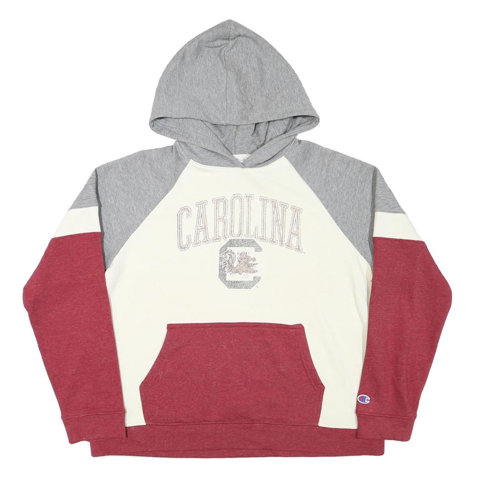 CHAMPION Womens Grey & Cream & Maroon Carolina Pullover Hoodie L Cotton Blend