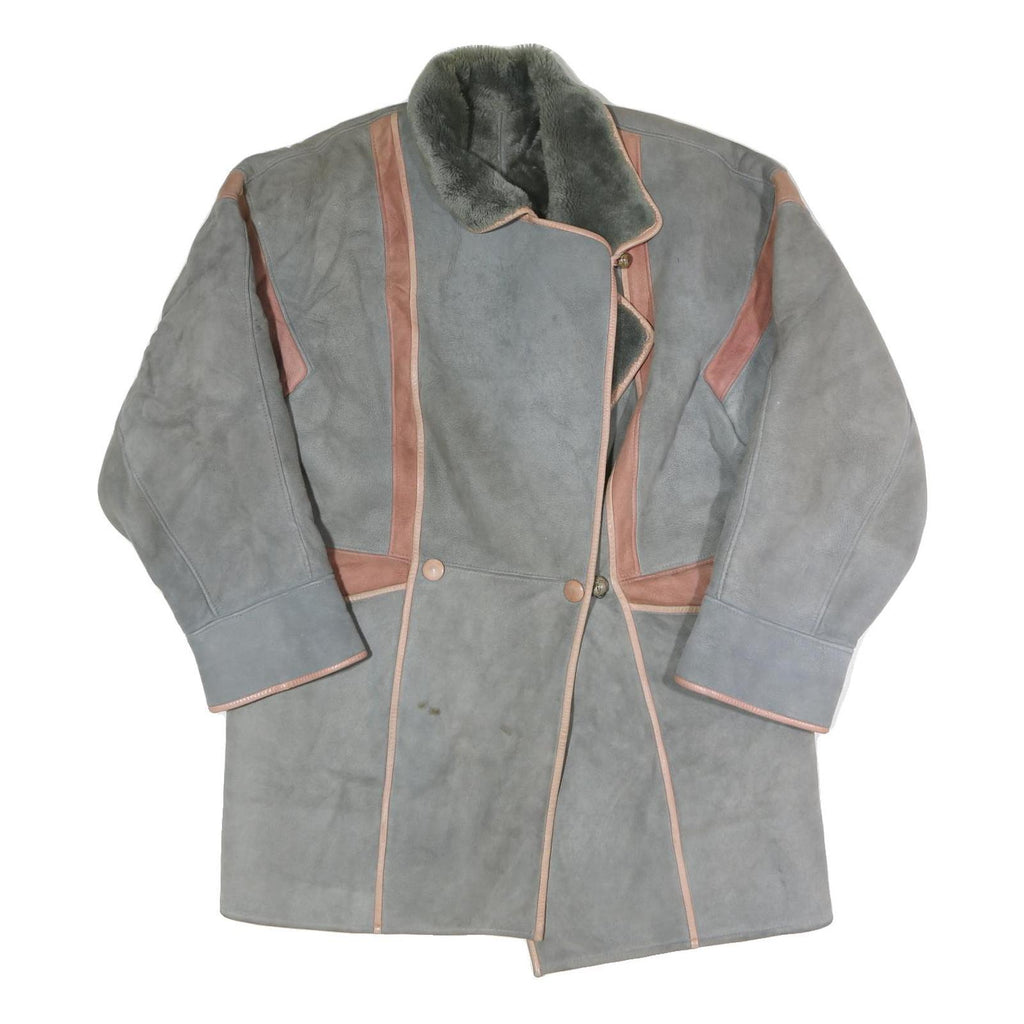 ANTOINE Womens Grey & Pink Suede Button Jacket M Shearling Long Sleeve Outerwear