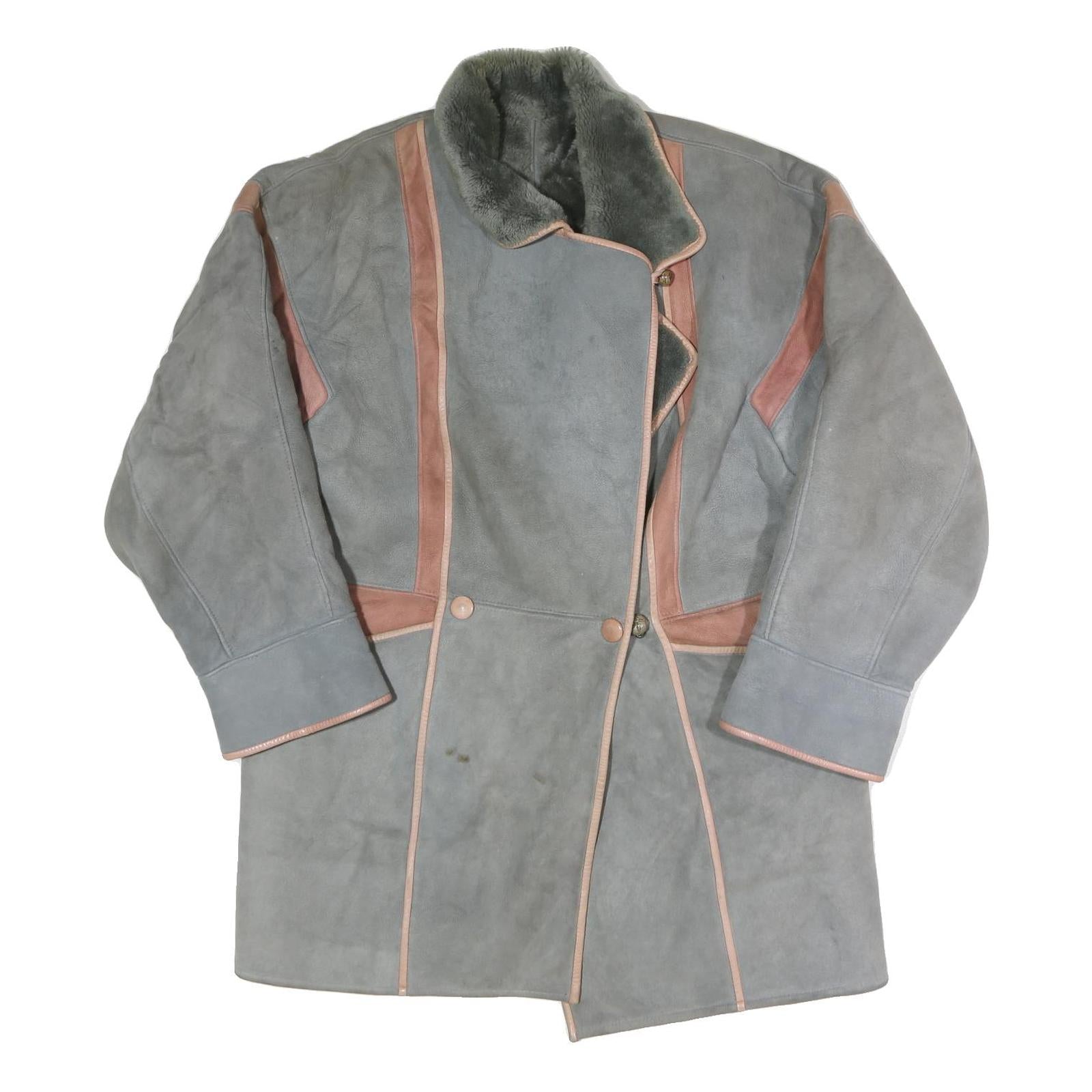 ANTOINE Womens Grey & Pink Suede Button Jacket M Shearling Long Sleeve Outerwear