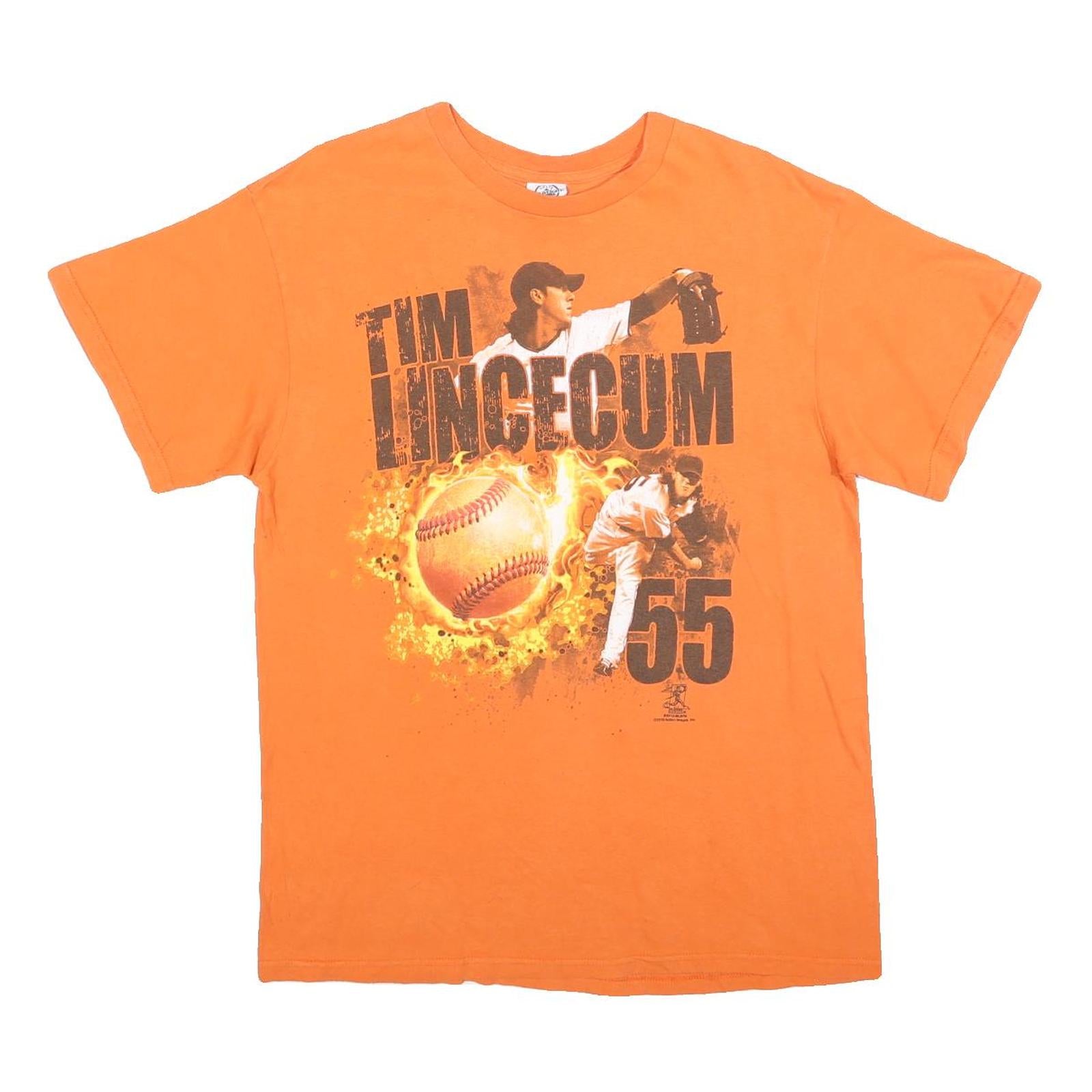 DELTA Mens Orange Tim Lincecum Graphic T-Shirt L Short Sleeve Crew Neck Baseball