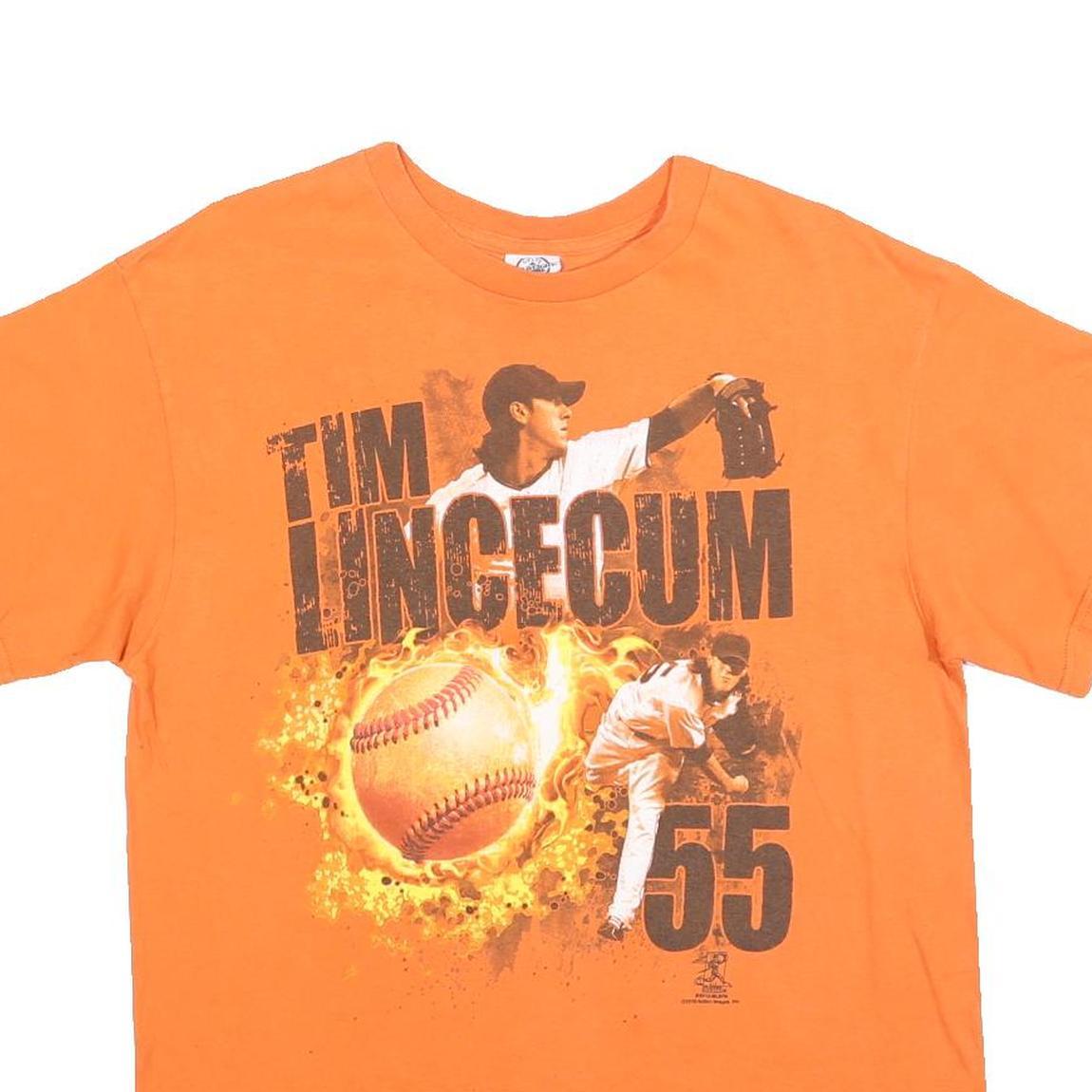 DELTA Mens Orange Tim Lincecum Graphic T-Shirt L Short Sleeve Crew Neck Baseball