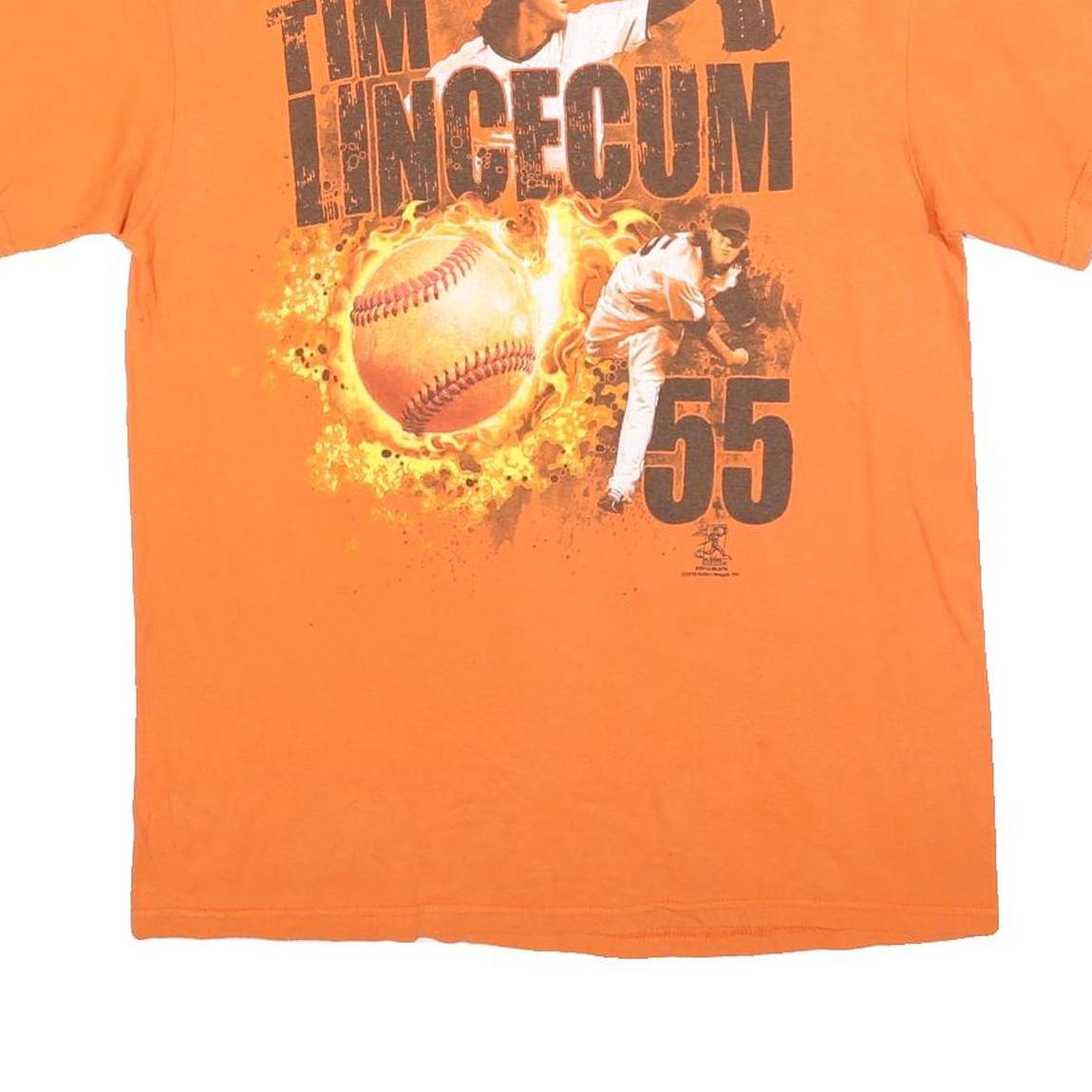 DELTA Mens Orange Tim Lincecum Graphic T-Shirt L Short Sleeve Crew Neck Baseball
