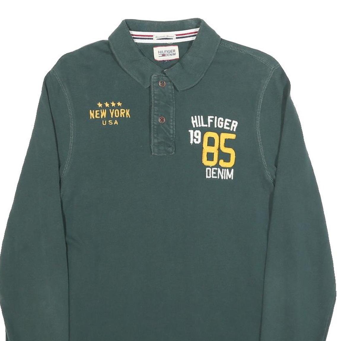 HILFIGER DENIM Mens Green Long Sleeve Logo Print Polo Shirt M Cotton Blend