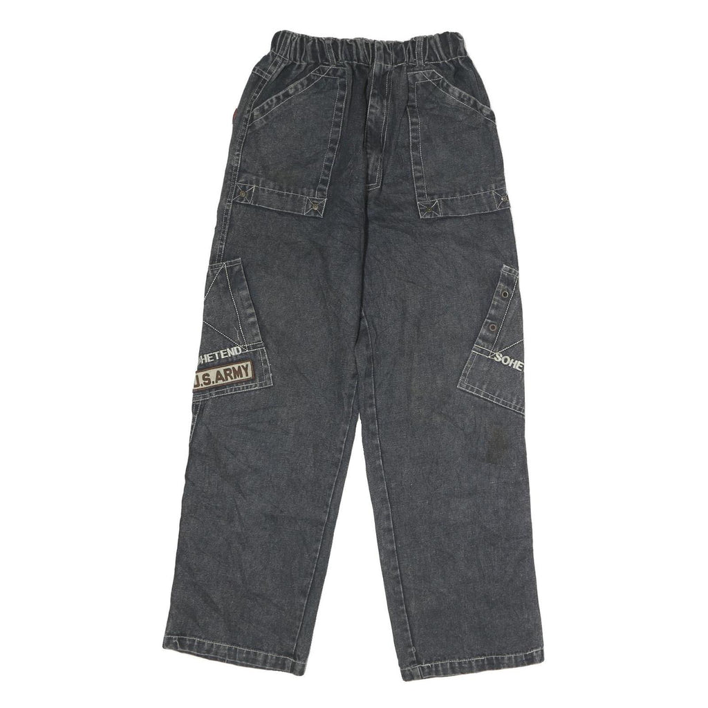 Mens Regular Fit Black Denim Cargo Jeans W22 L26 U.S. Army Patch