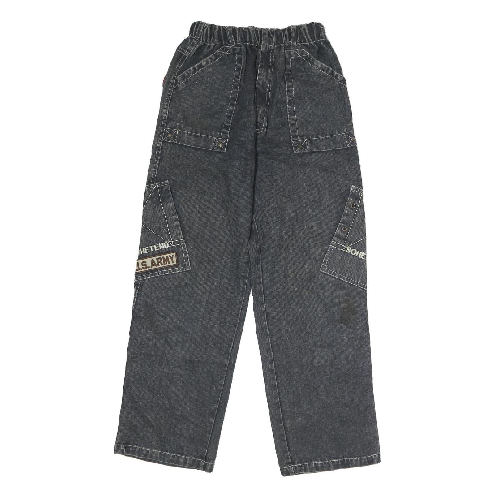 Mens Regular Fit Black Denim Cargo Jeans W22 L26 U.S. Army Patch