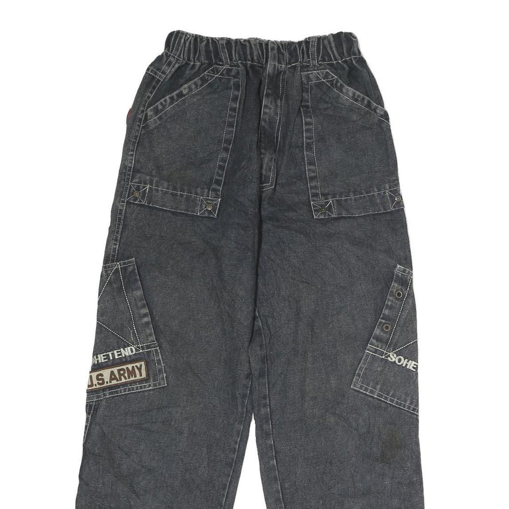 Mens Regular Fit Black Denim Cargo Jeans W22 L26 U.S. Army Patch