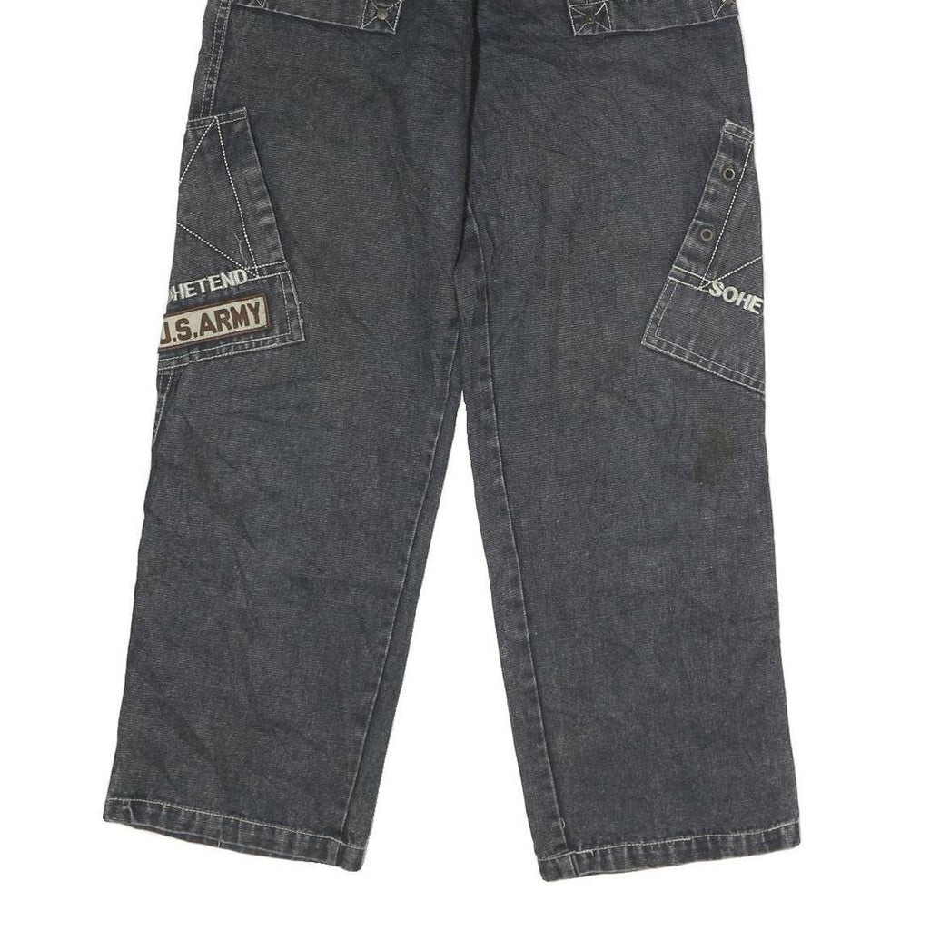 Mens Regular Fit Black Denim Cargo Jeans W22 L26 U.S. Army Patch