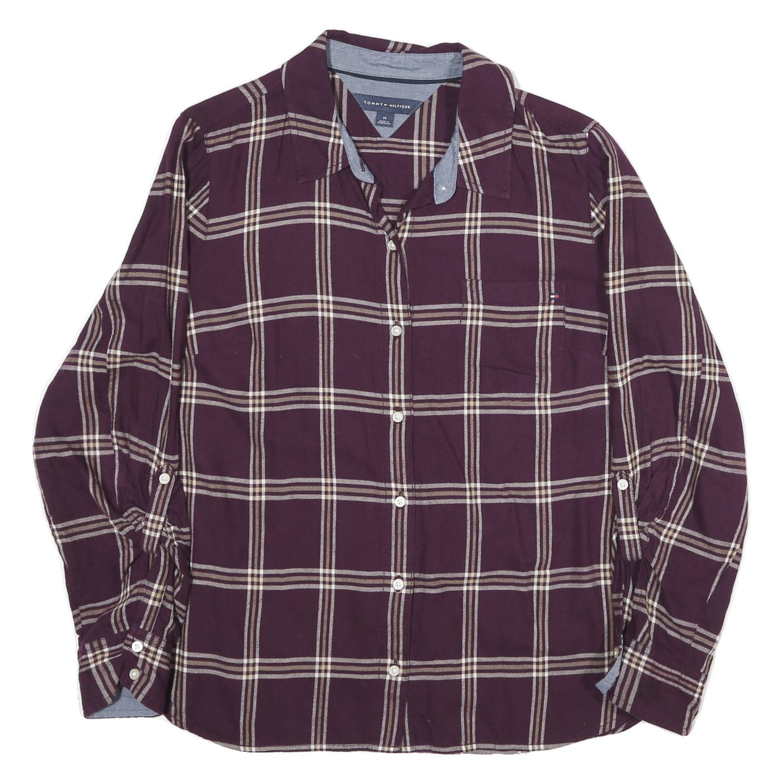 TOMMY HILFIGER Womens Maroon & Cream Check Shirt M Classic Cotton Blend Casual