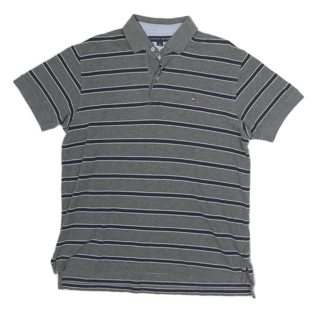 TOMMY HILFIGER Mens Grey Striped Short Sleeve Polo Shirt M Classic Fit Casual