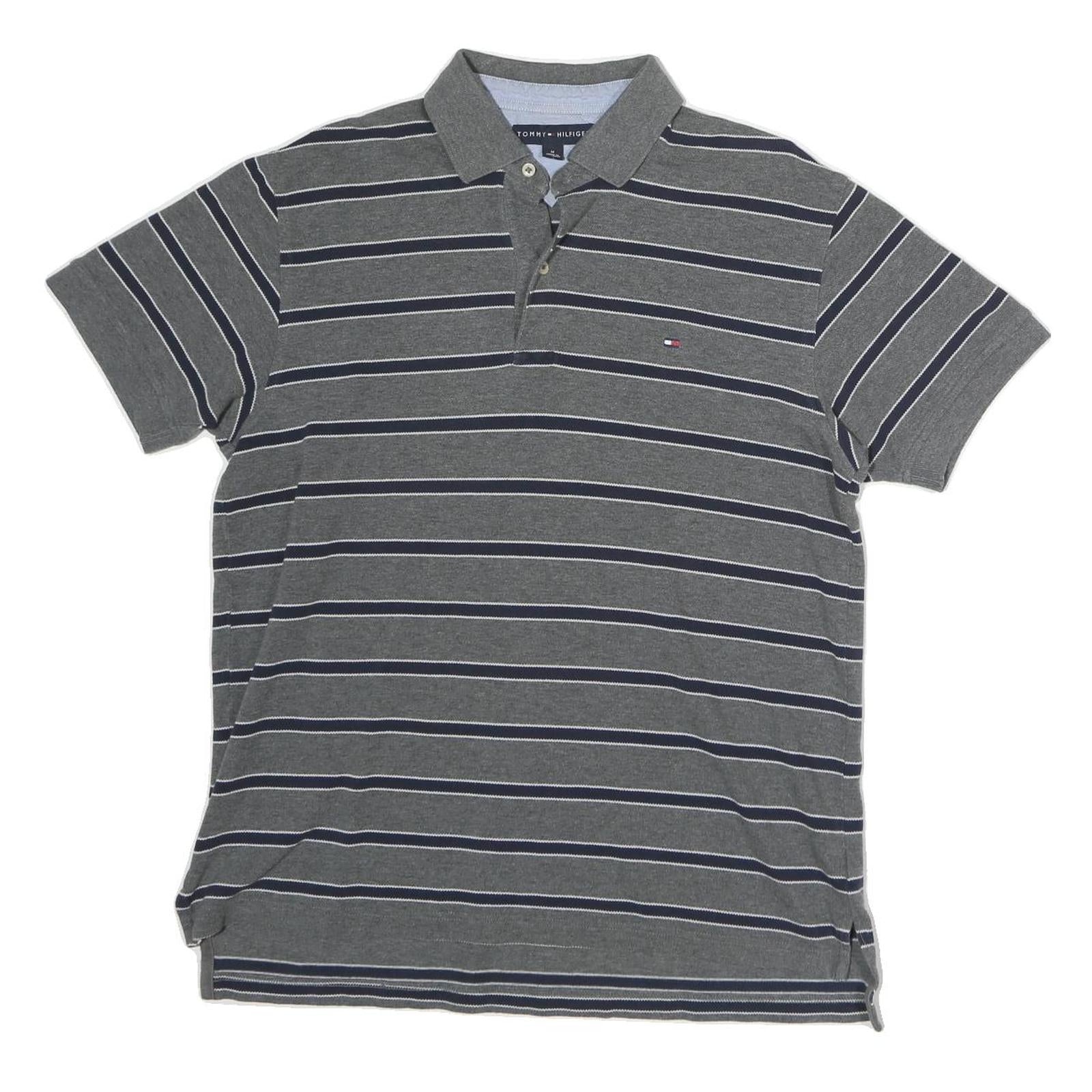 TOMMY HILFIGER Mens Grey Striped Short Sleeve Polo Shirt M Classic Fit Casual
