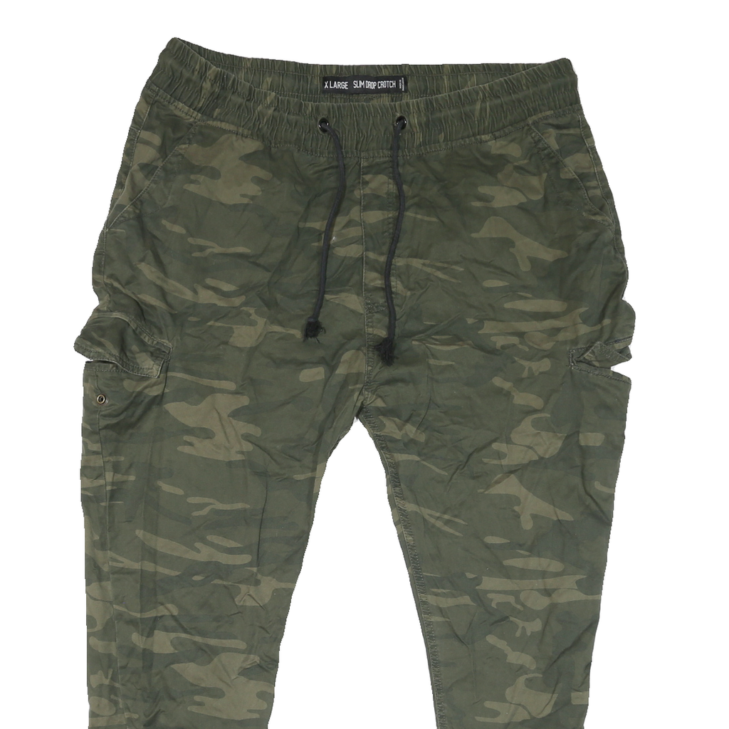 Mens Cotton Blend Green Relaxed Camouflage Drawstring Jogger Trousers W40 L27