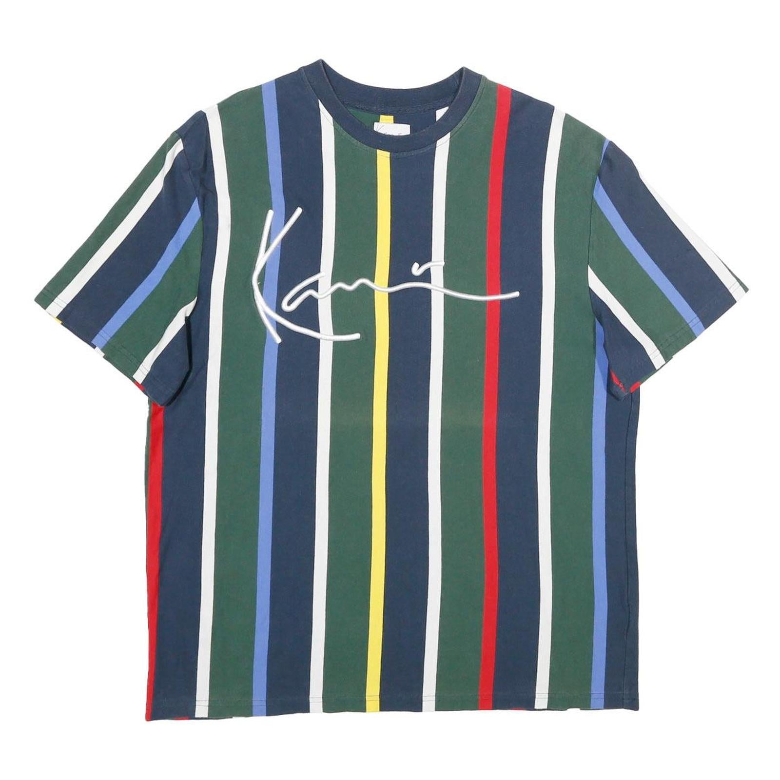 KARL KANI Mens Blue Green Red Multi Stripe Graphic T-Shirt M Short Sleeve Crew