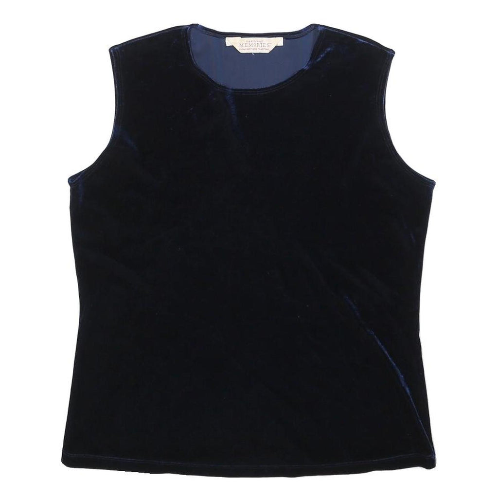 MEMORIES Womens Blue Sleeveless Round Neck Plain Top L Velvet Finish