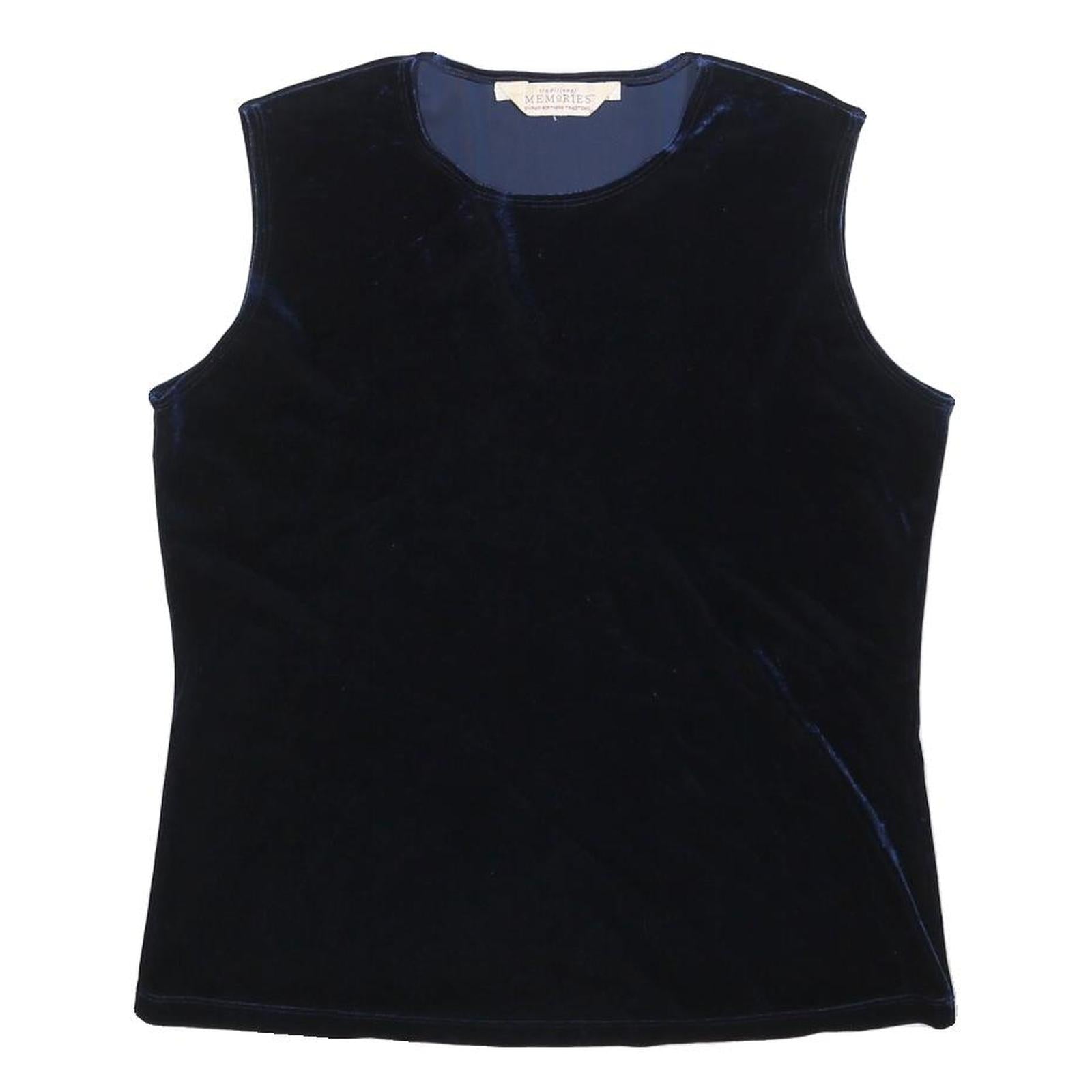 MEMORIES Womens Blue Sleeveless Round Neck Plain Top L Velvet Finish
