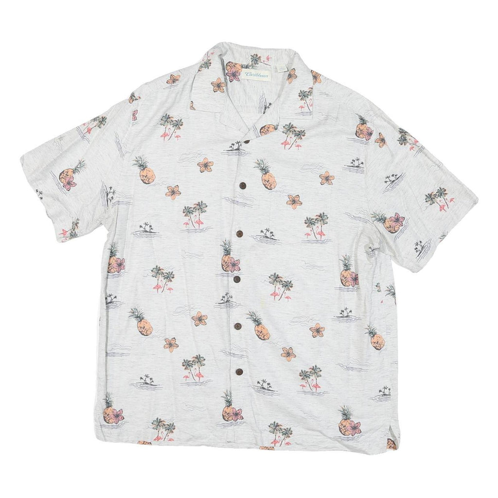 CARIBEAN Mens White Cotton Blend Short Sleeve Shirt L Tropical Print Summer