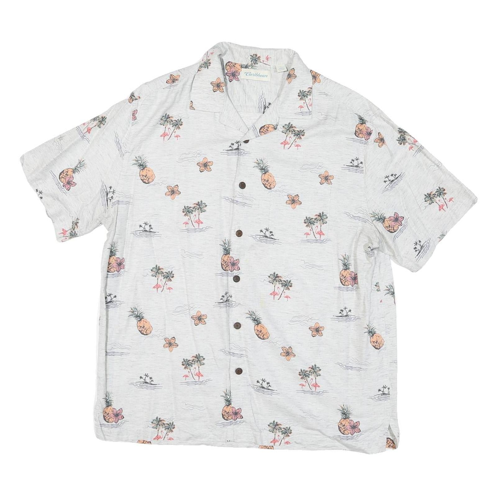CARIBEAN Mens White Cotton Blend Short Sleeve Shirt L Tropical Print Summer