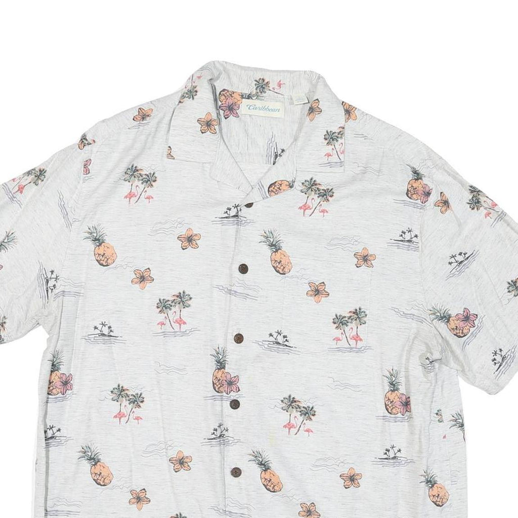 CARIBEAN Mens White Cotton Blend Short Sleeve Shirt L Tropical Print Summer