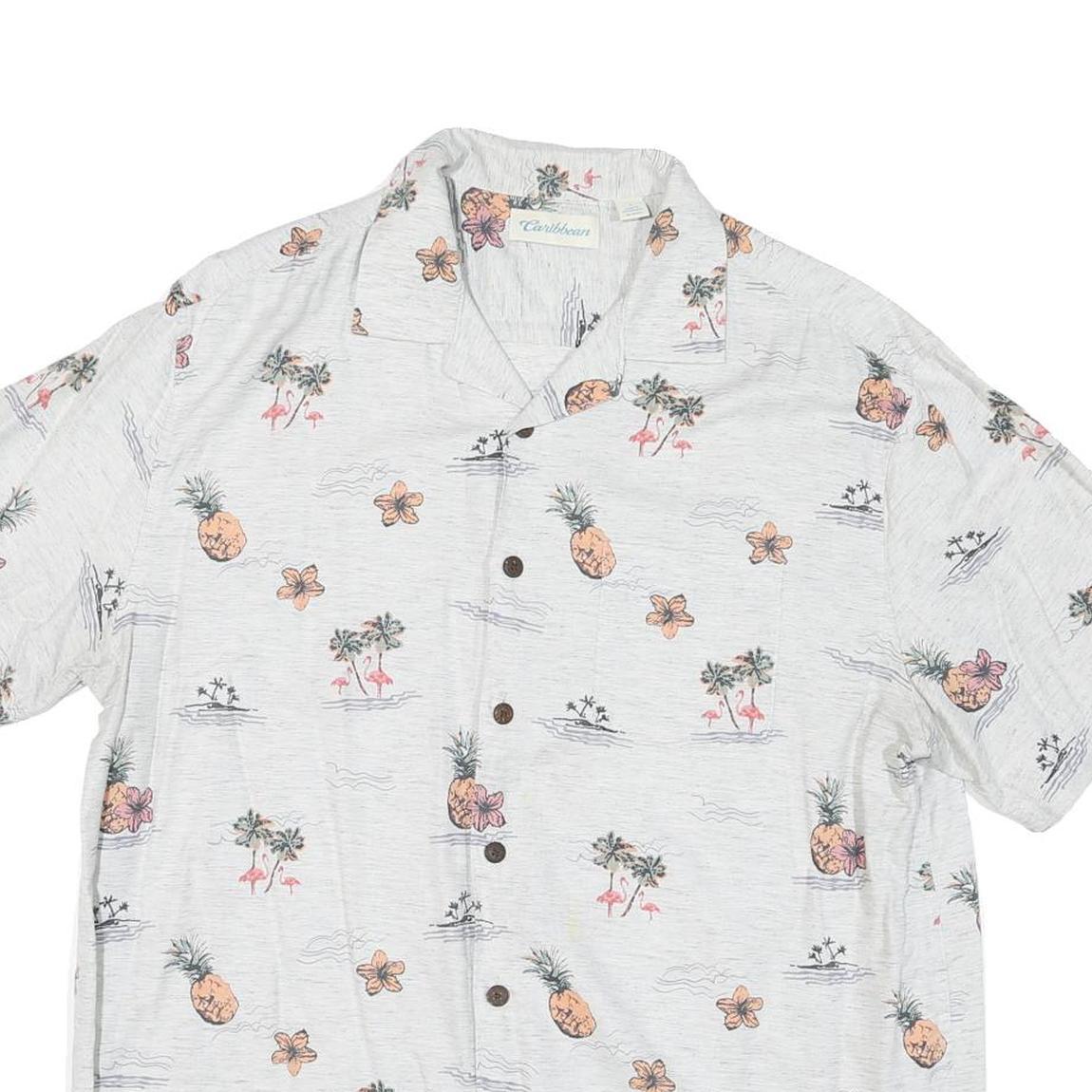 CARIBEAN Mens White Cotton Blend Short Sleeve Shirt L Tropical Print Summer