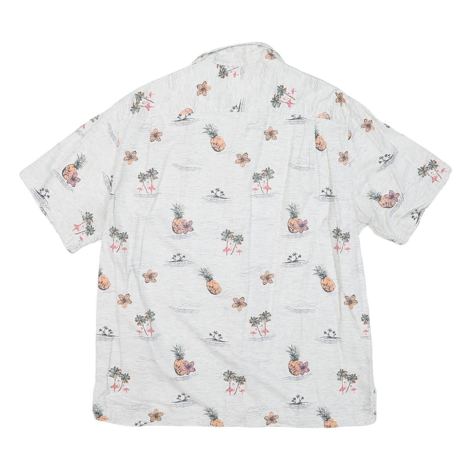 CARIBEAN Mens White Cotton Blend Short Sleeve Shirt L Tropical Print Summer