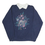 MORNING SUN Womens Navy Blue & White Floral Print Collar L Cotton Sweatshirt