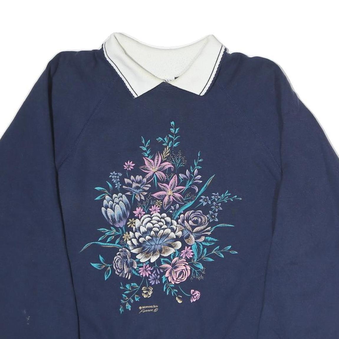MORNING SUN Womens Navy Blue & White Floral Print Collar L Cotton Sweatshirt