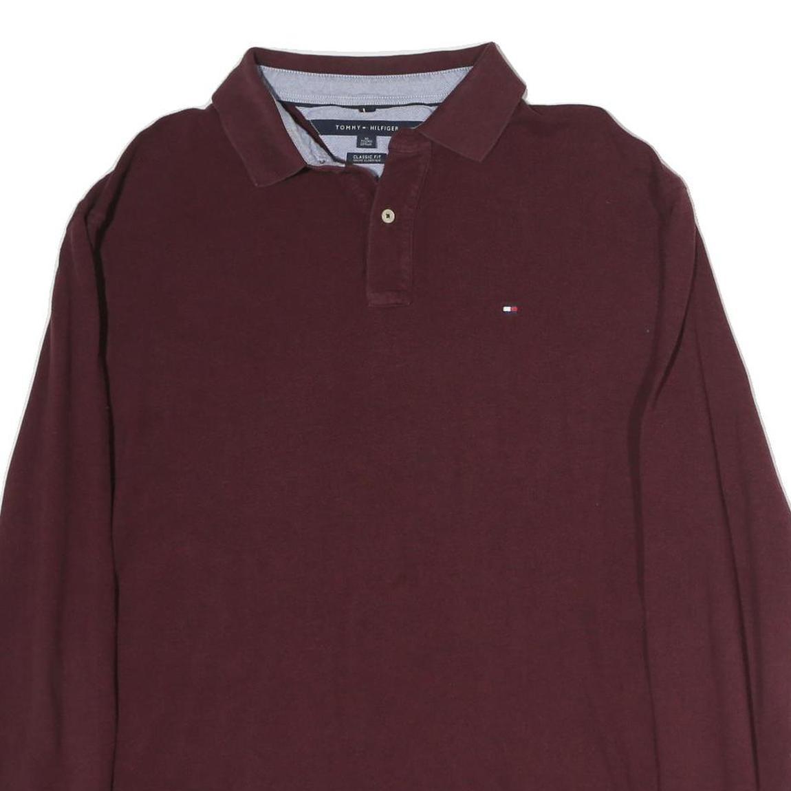 TOMMY HILFIGER Mens Maroon Long Sleeve Plain XL Cotton Classic Fit Polo Shirt