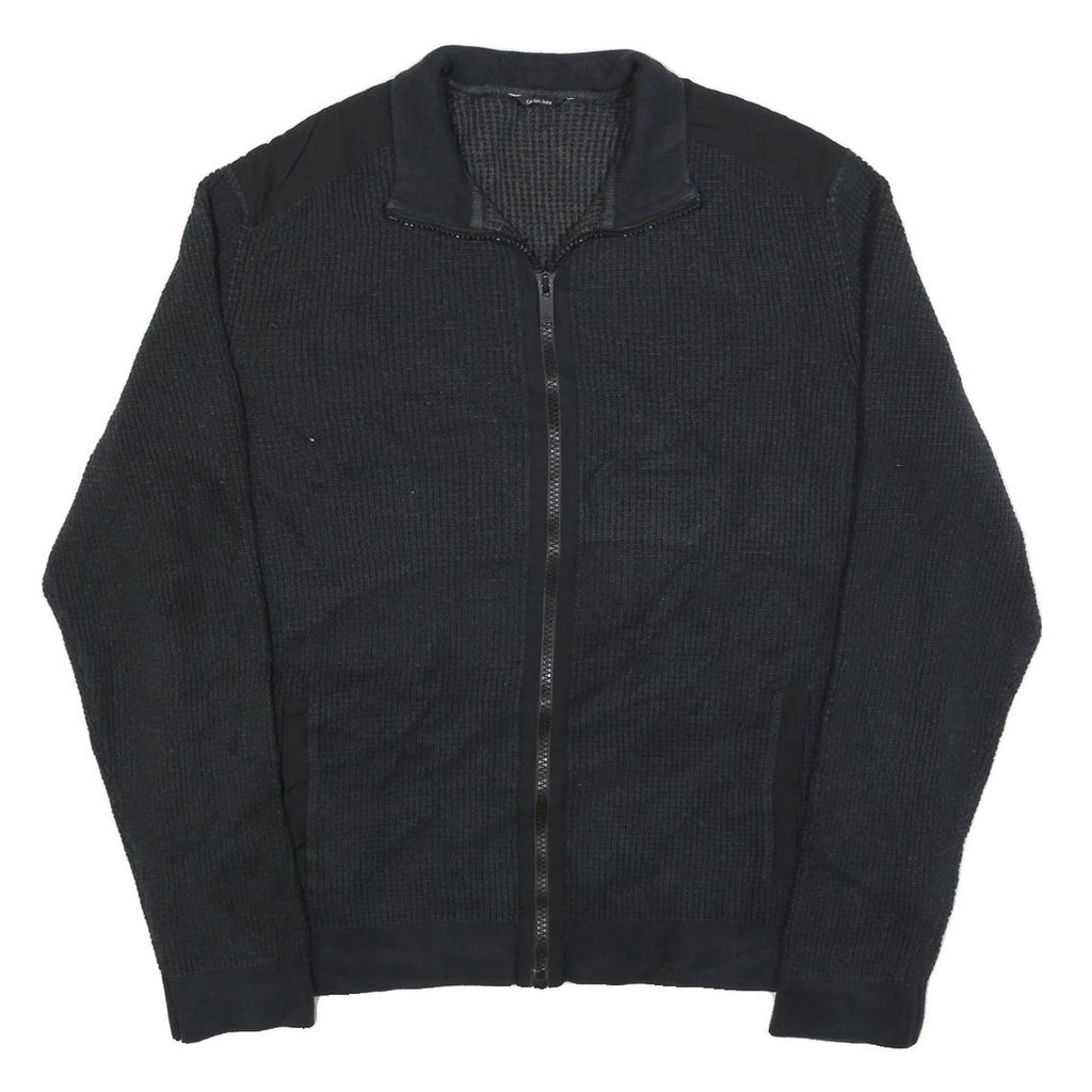 CALVIN KLEIN JEANS Mens Black Patterned Jumper Full Zip Crew Neck Basic Knit XL