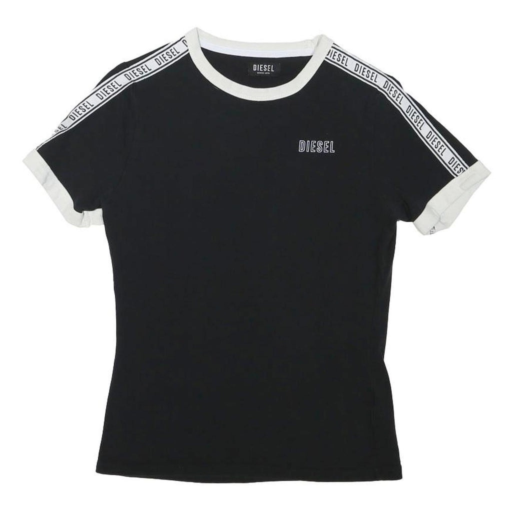 DIESEL Womens Black & White Logo Tape Graphic T-Shirt XS Crew Neck Short Sleeve