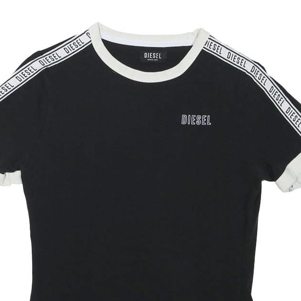 DIESEL Womens Black & White Logo Tape Graphic T-Shirt XS Crew Neck Short Sleeve