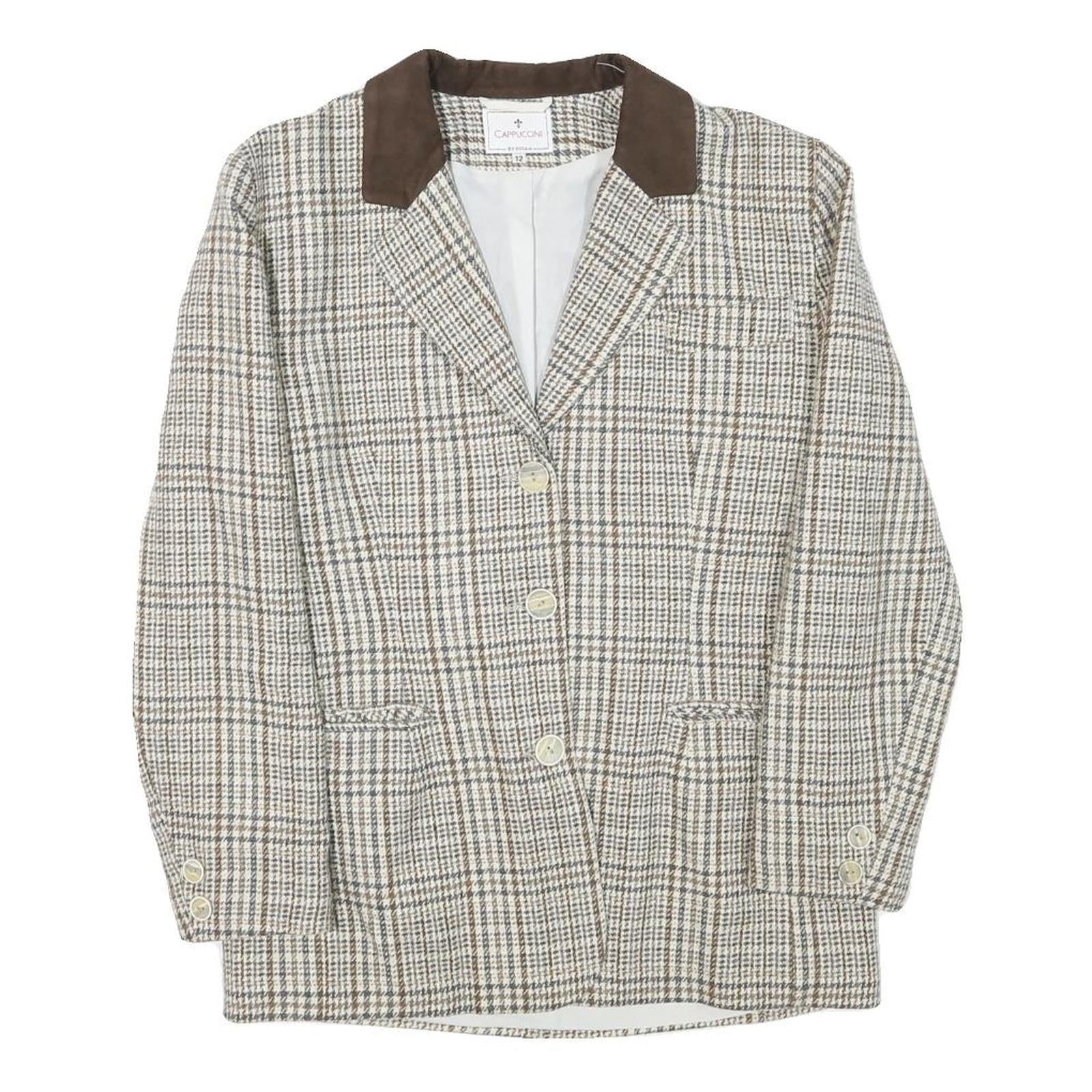 CAPPUCCINI Womens Beige & Brown Check Button Jacket M Wool Blend Tailored