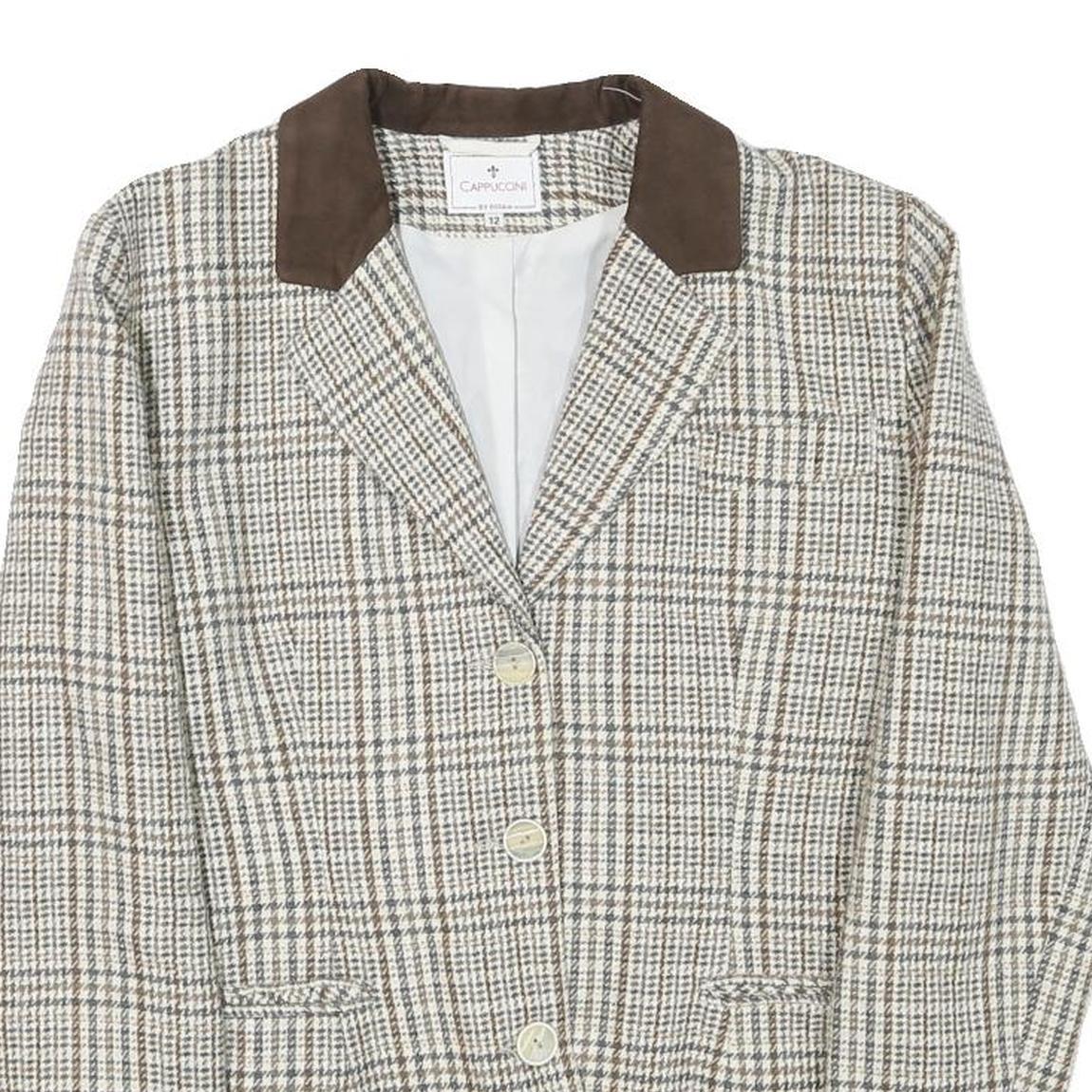 CAPPUCCINI Womens Beige & Brown Check Button Jacket M Wool Blend Tailored