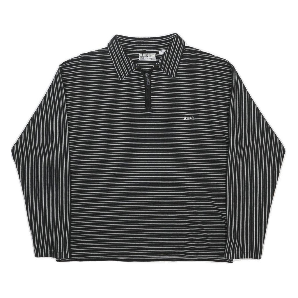 BLACK & BROWN Mens Black & White Striped Long Sleeve Polo Shirt S Cotton Blend