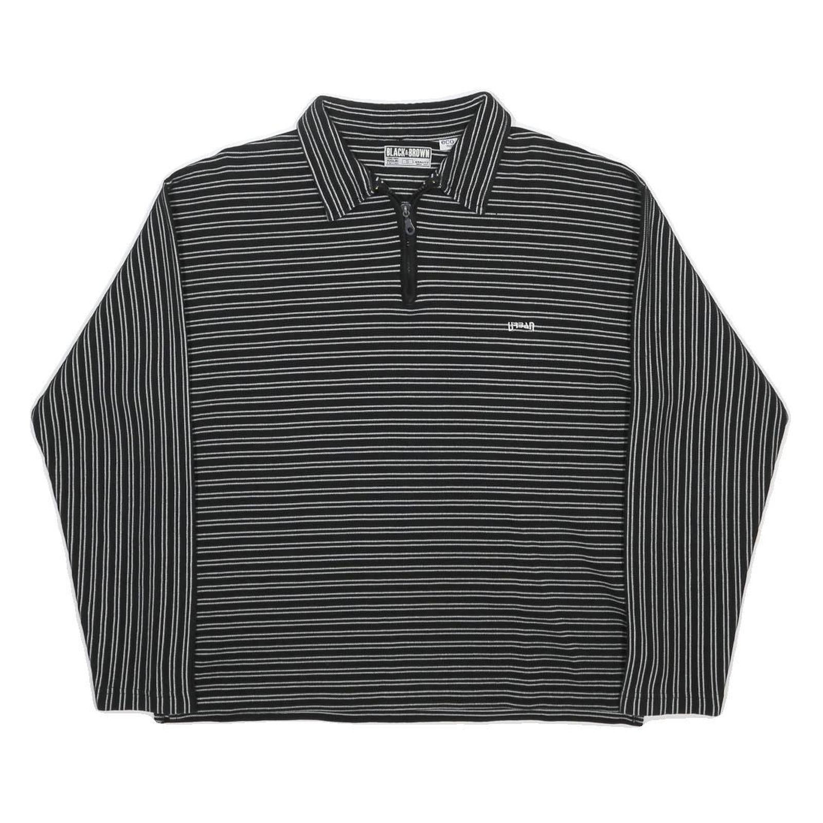 BLACK & BROWN Mens Black & White Striped Long Sleeve Polo Shirt S Cotton Blend