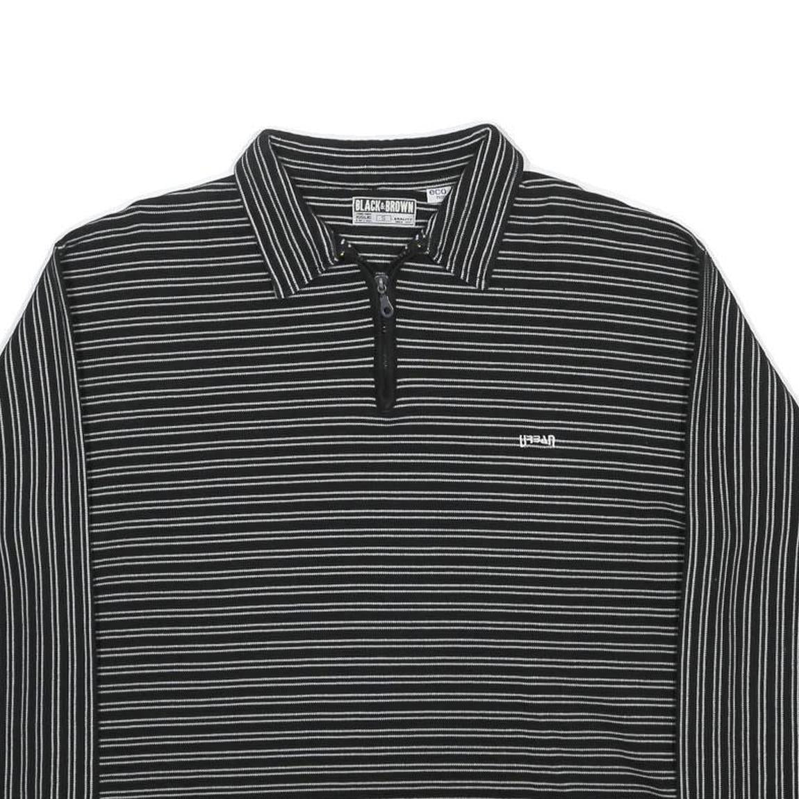 BLACK & BROWN Mens Black & White Striped Long Sleeve Polo Shirt S Cotton Blend