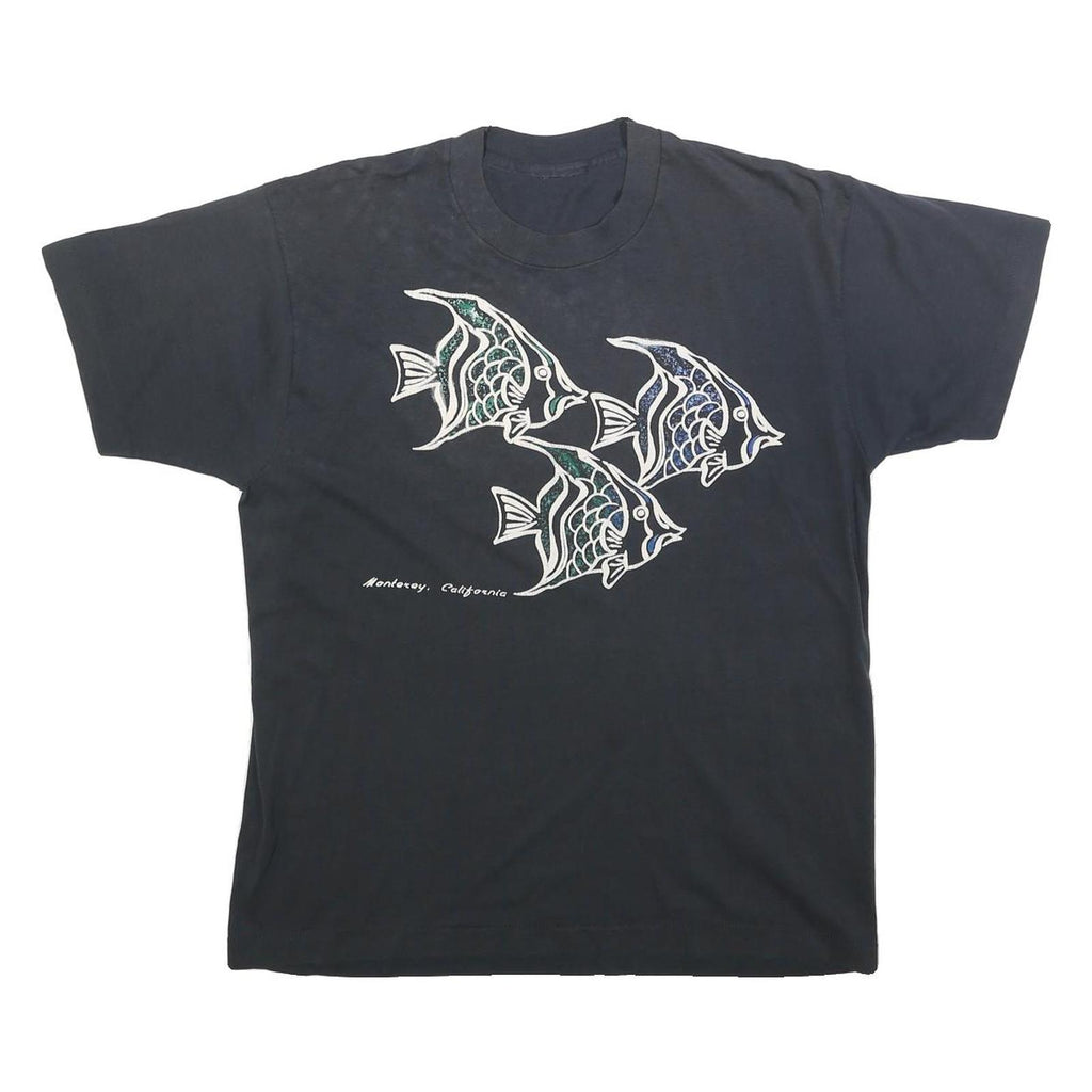 Womens Black Fish Graphic T-Shirt L Short Sleeve Crew Neck Cotton Blend