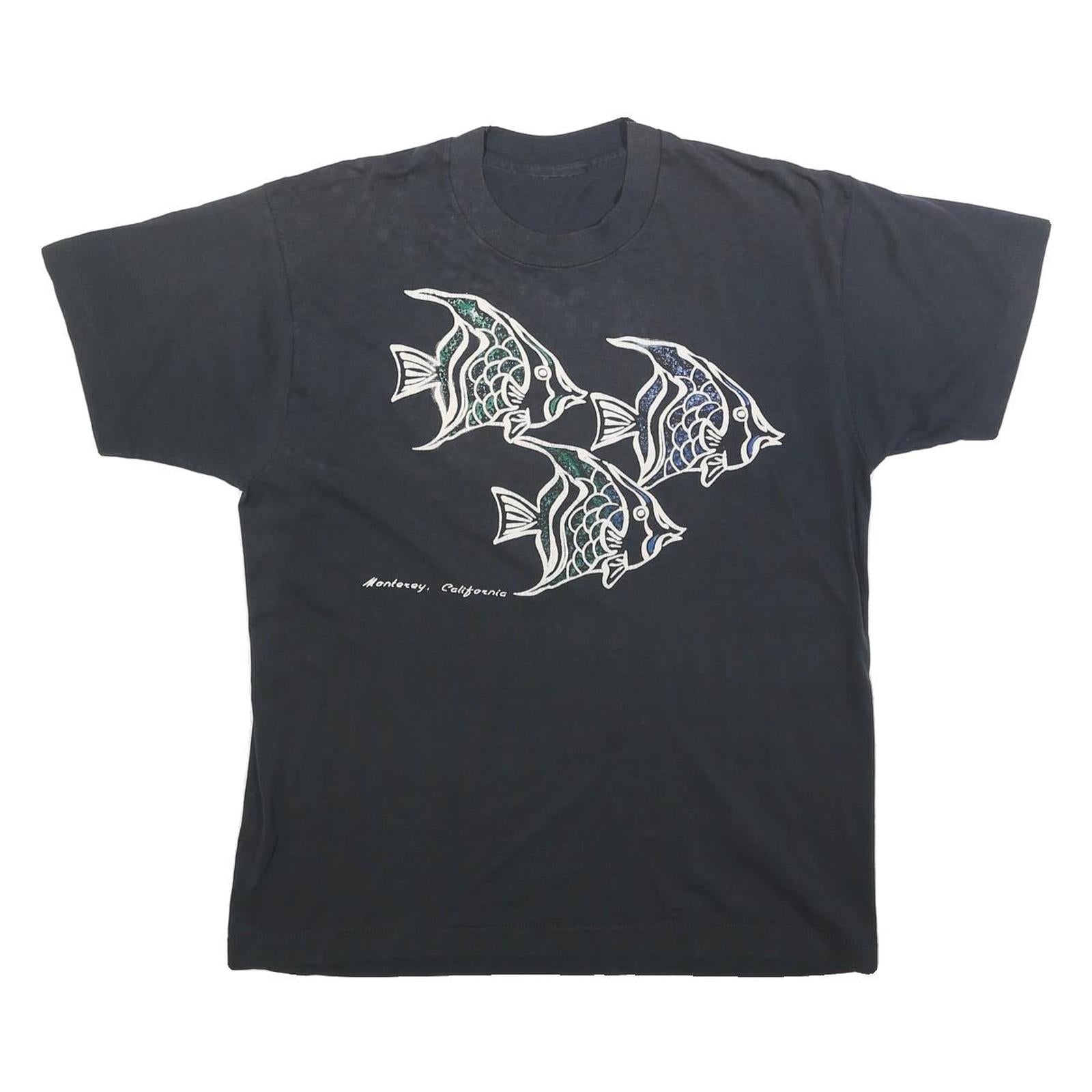 Womens Black Fish Graphic T-Shirt L Short Sleeve Crew Neck Cotton Blend