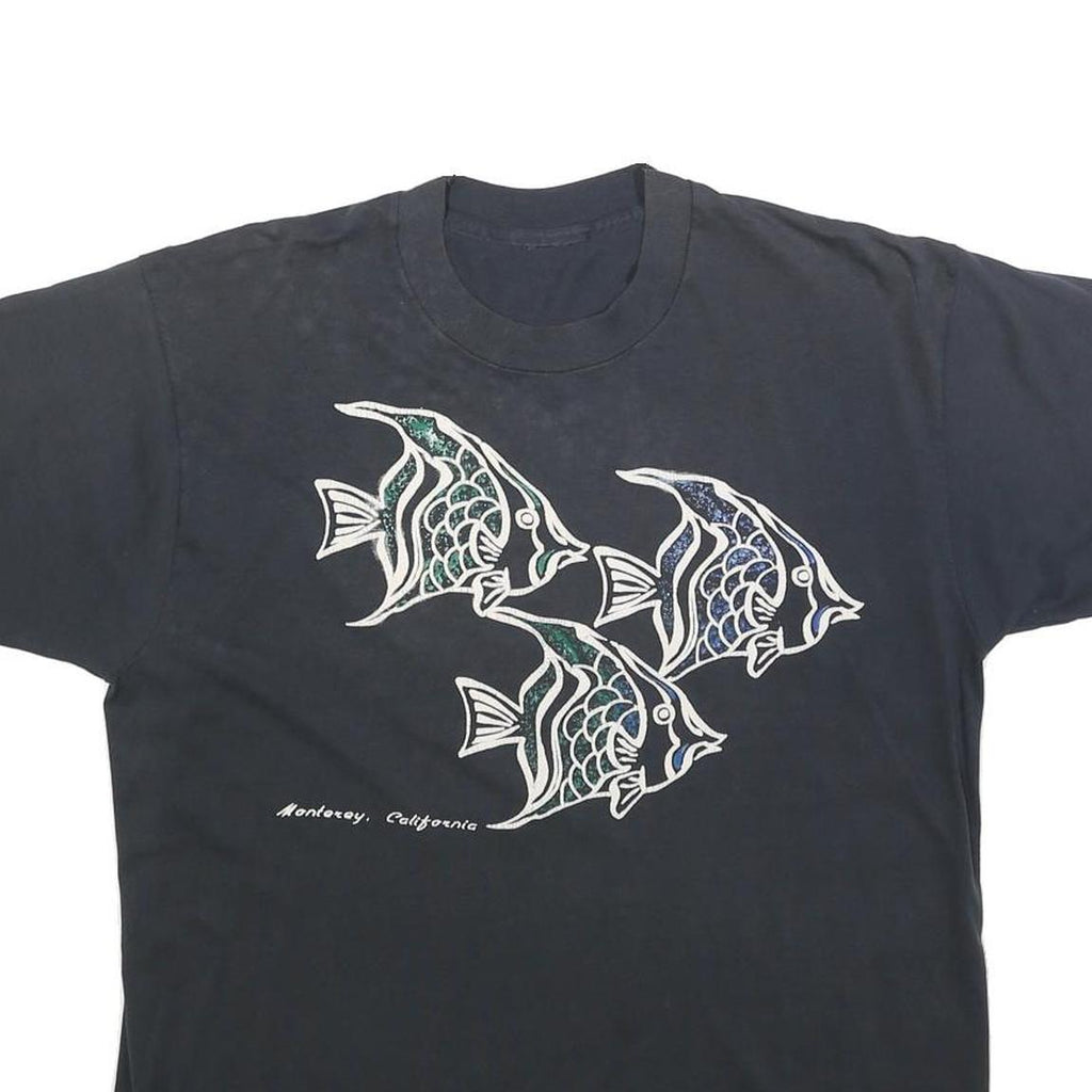 Womens Black Fish Graphic T-Shirt L Short Sleeve Crew Neck Cotton Blend