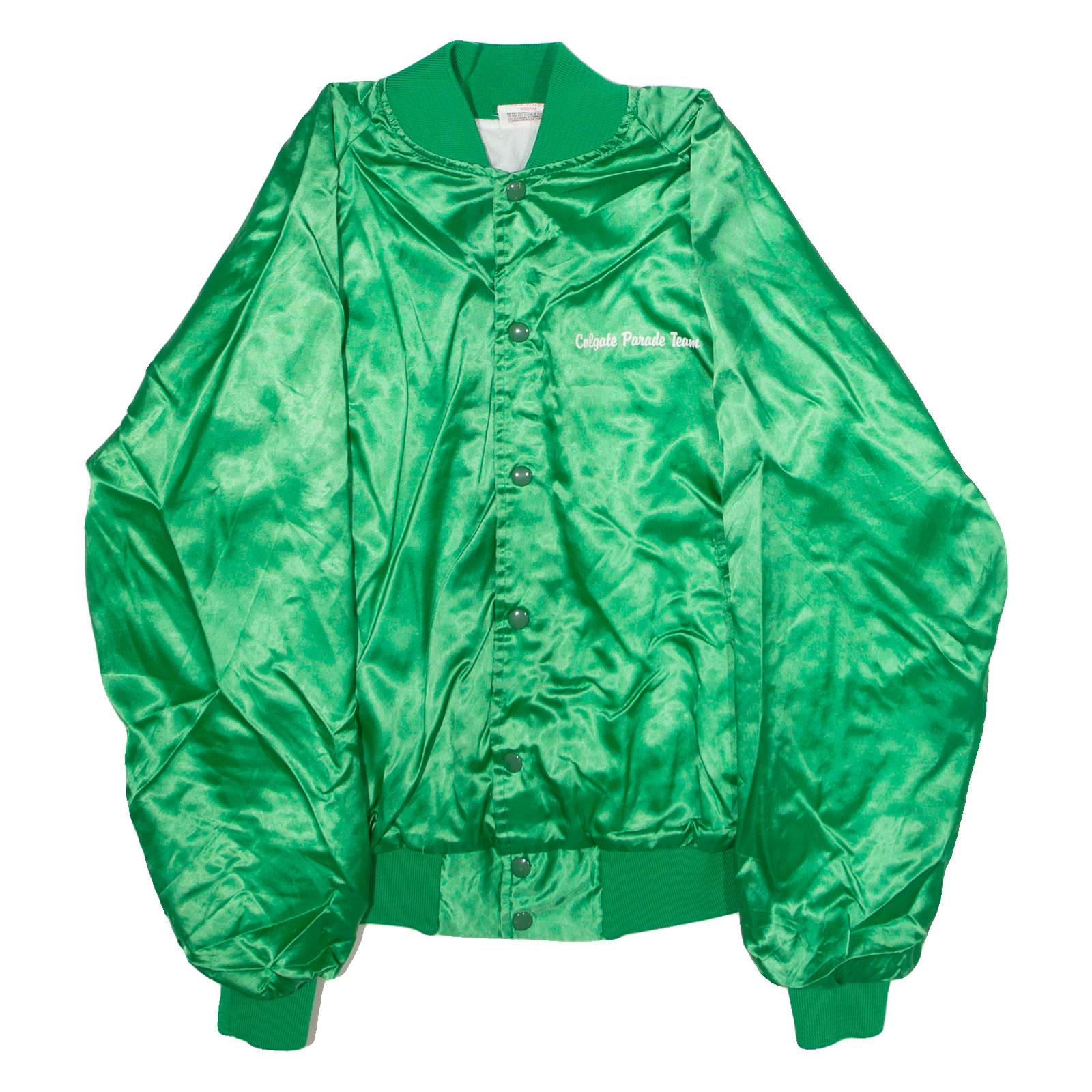 SATINS Colgate Parade Team Mens Bomber Jacket Green Satin Nylon 80s USA M