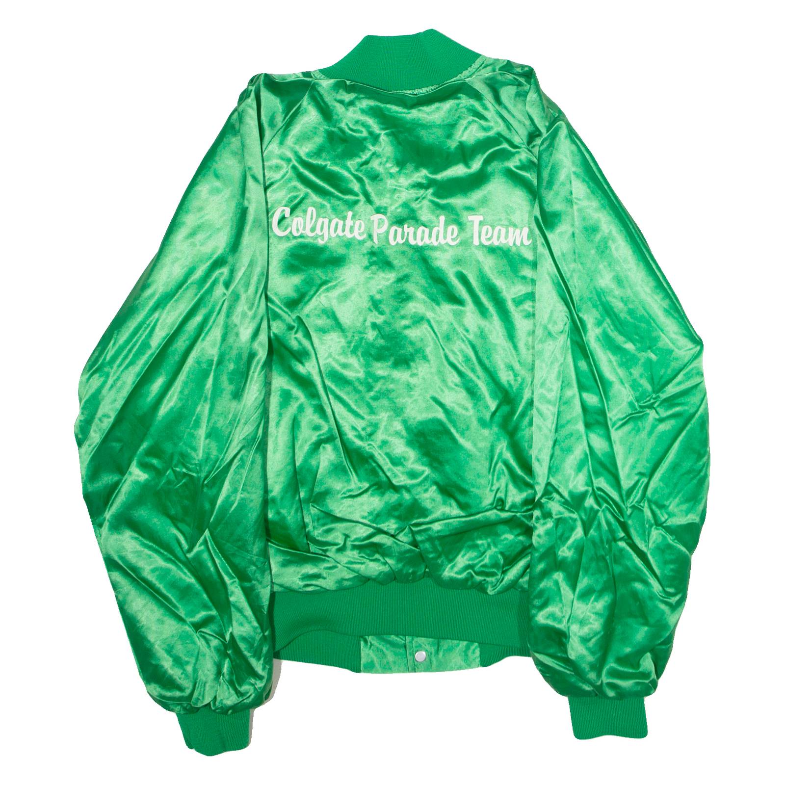 SATINS Colgate Parade Team Mens Bomber Jacket Green Satin Nylon 80s USA M